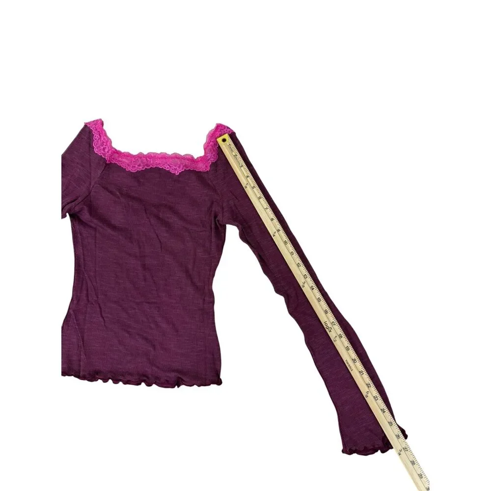 NWT Free People Womens Medium Pink Long Sleeve Layering Top Lace Trim